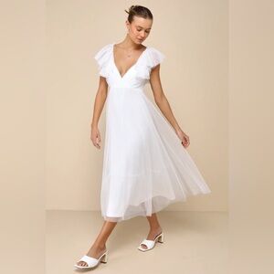 Lulus Perfect Invite White Swiss Dot Tie-Back Midi Dress